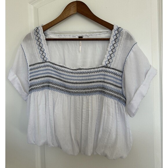 Free People Shirt Small Smocked Yoke Embroidered Cropped Airy Coastal Casual - Picture 2 of 11